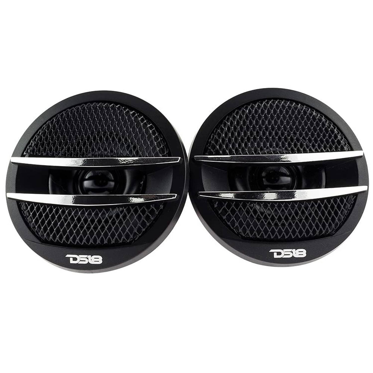 DS18 tweeter pair with black mesh grilles, silver trim rings, and DS18 logo