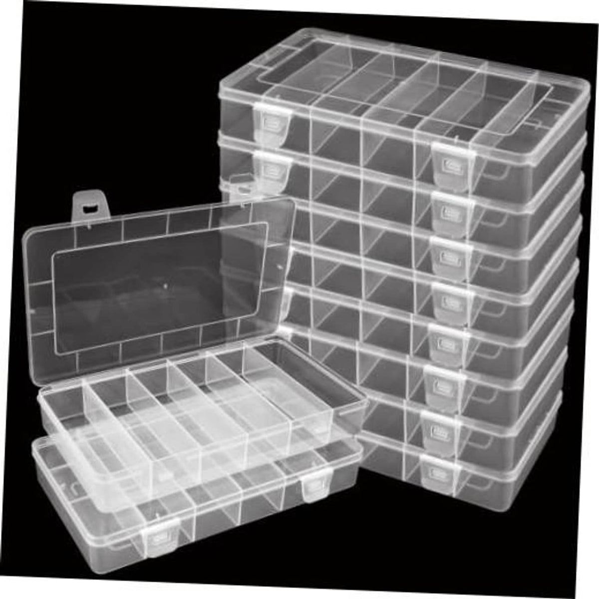 Clear tackle box organizer with stackable compartments and open lid tray, snap latches
