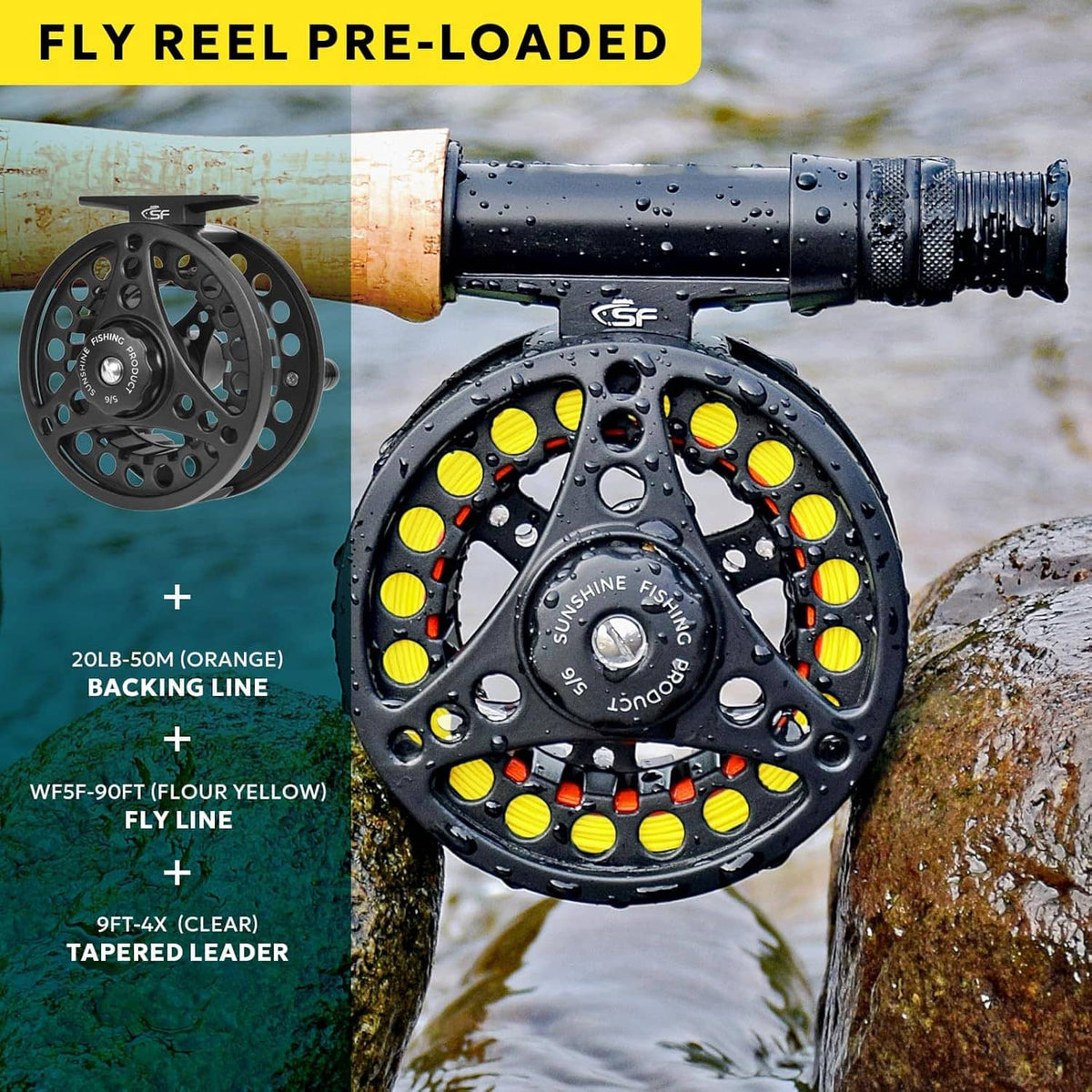 Fly fishing reel with yellow fly line and tippet on wet rock, part of kit