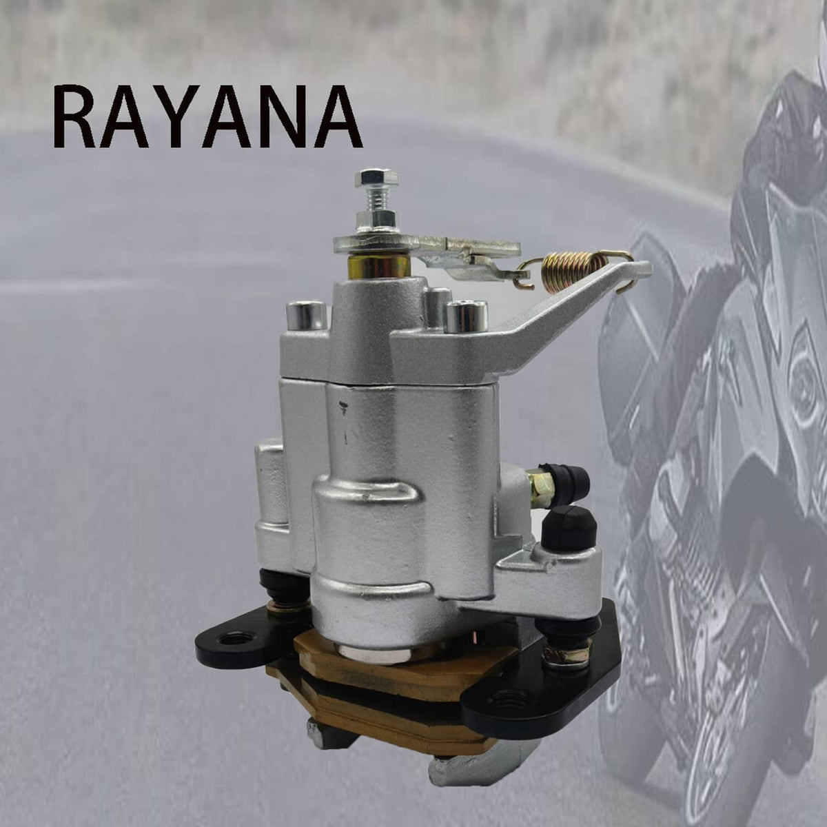Rear brake caliper with pads, silver body with black hose fittings and hardware