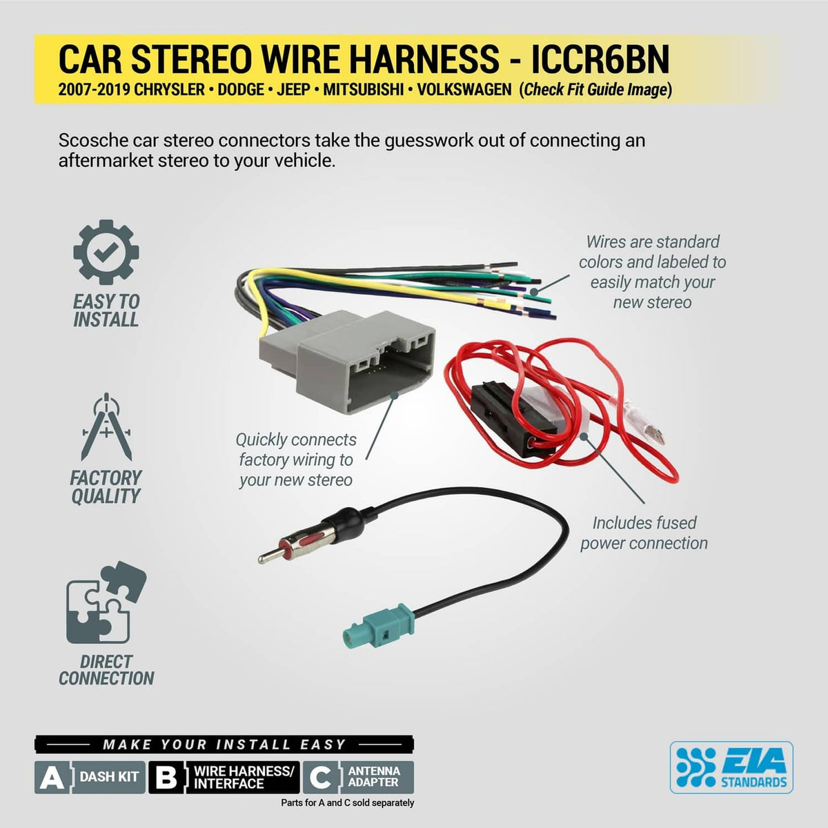 Double DIN wire harness for dash kit with connector plugs and color-coded leads
