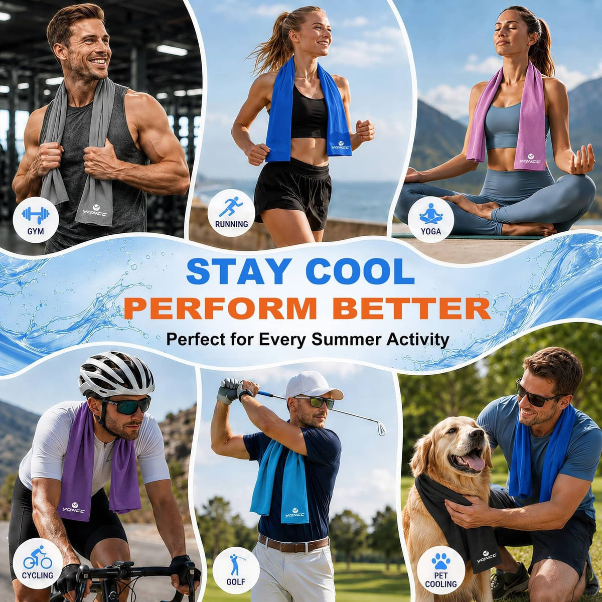 Cooling towels in blue and purple used during workouts, shown in multiple wraps
