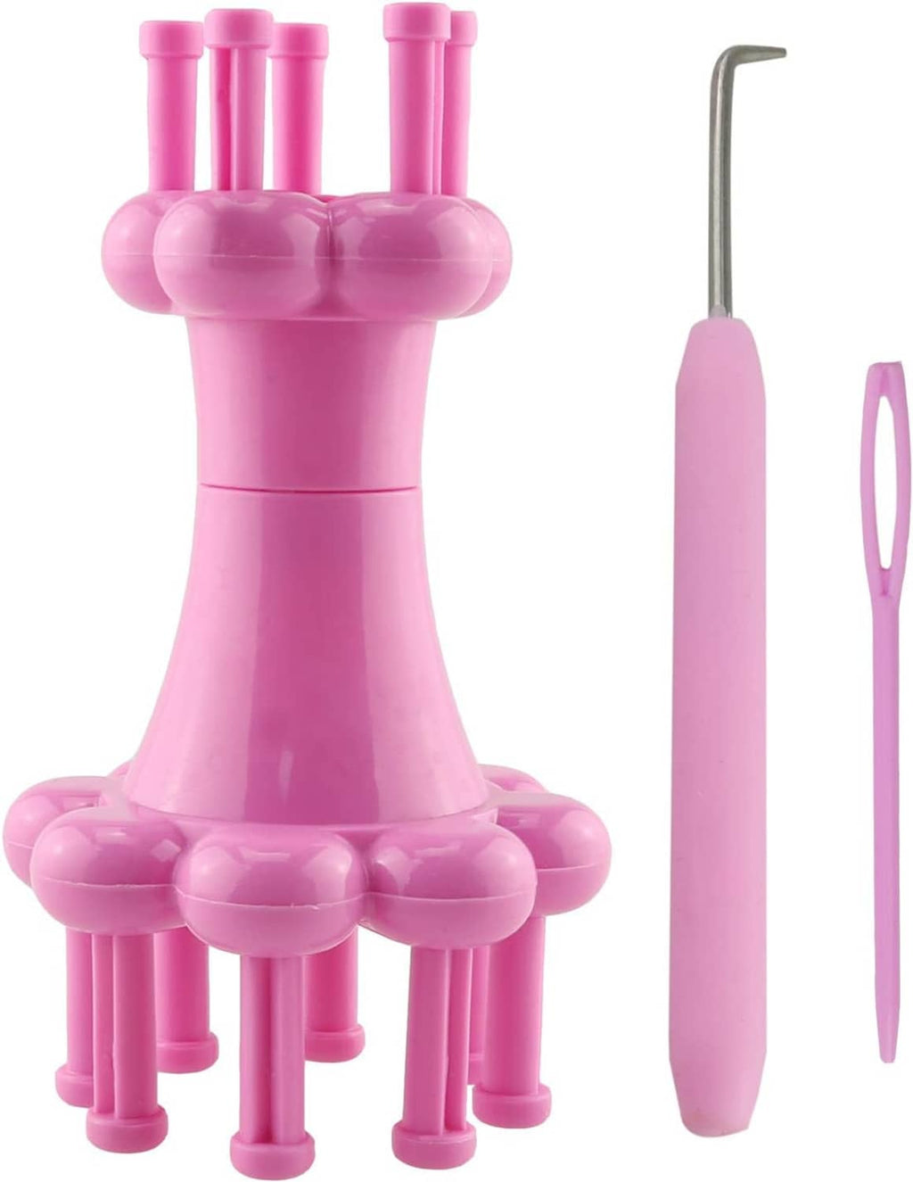 Pink knitting spool loom set with double-head base and two accessory tools