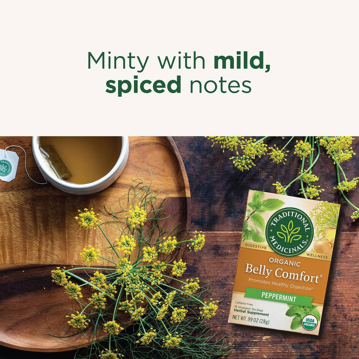 Peppermint Belly Comfort herbal tea box with Traditional Medicinals seal and USDA organic badge