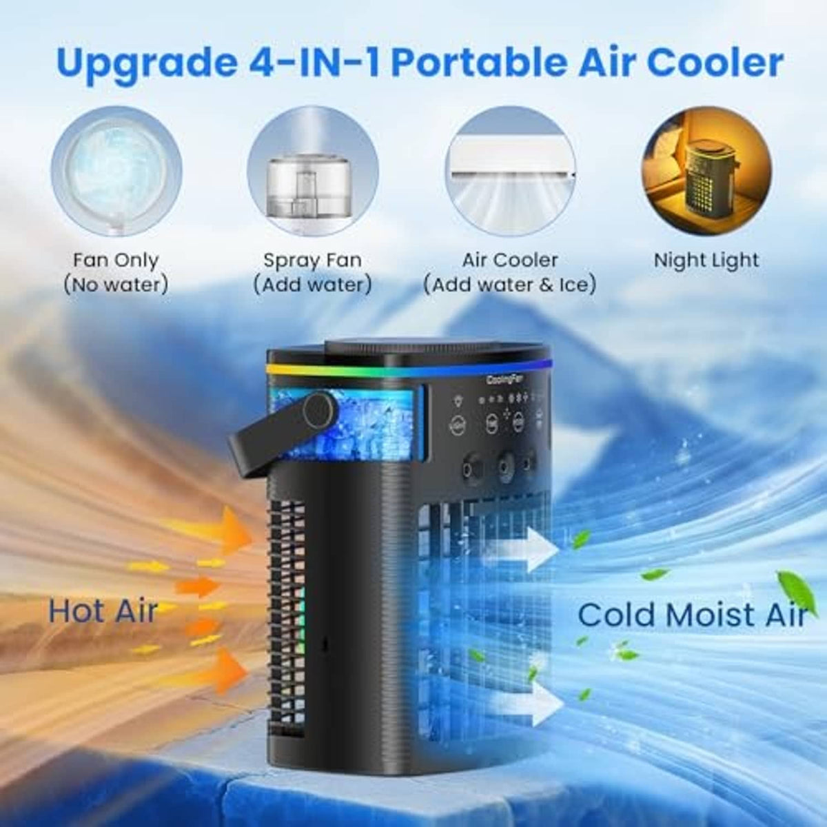 Black portable air cooler with top handle and front cooling vent area