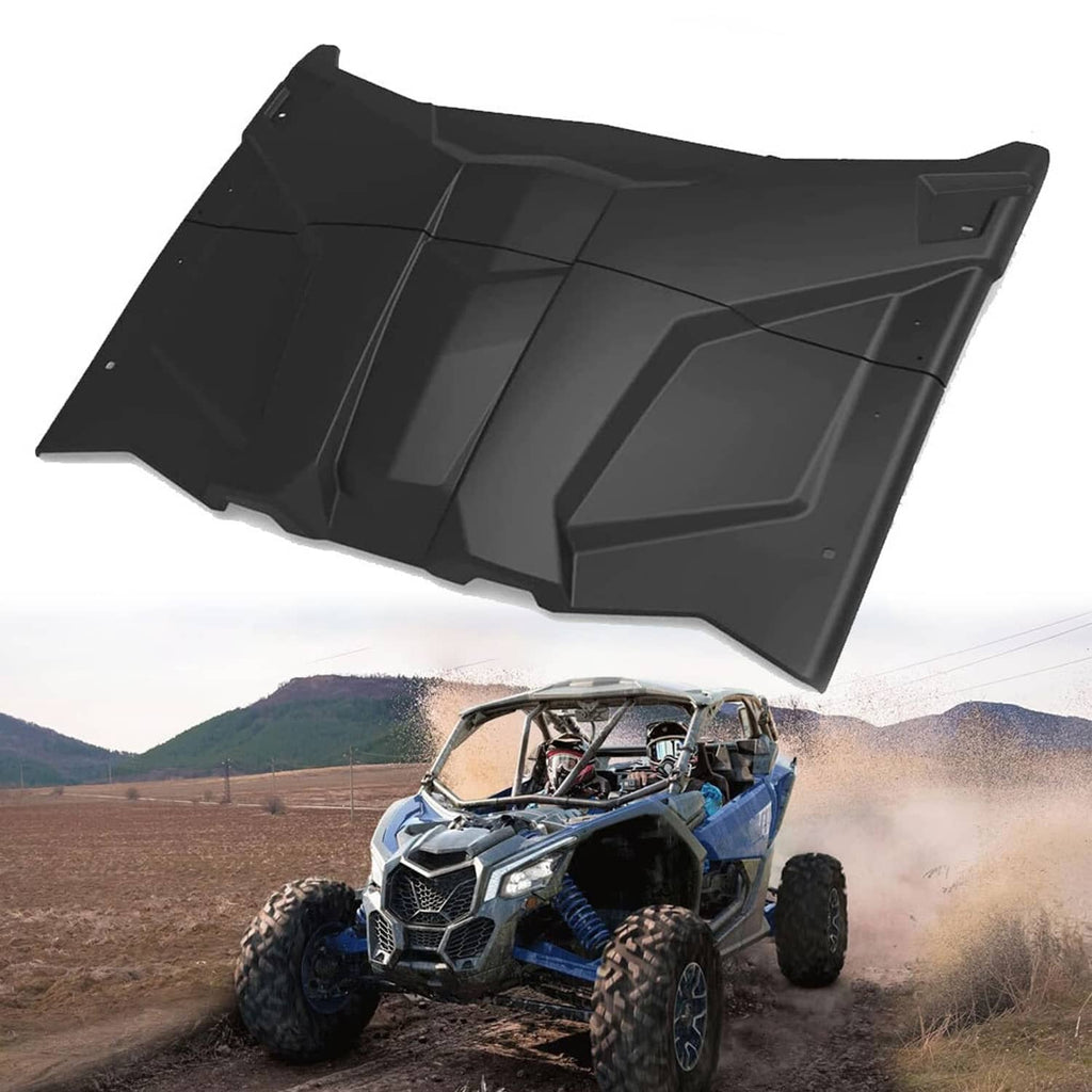 Black roof panel for off-road UTV cab with angular panels and raised center ridge