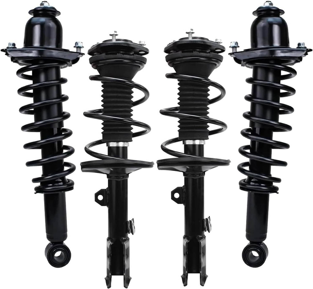 Four-piece strut assembly set with black coil springs and top mounting caps