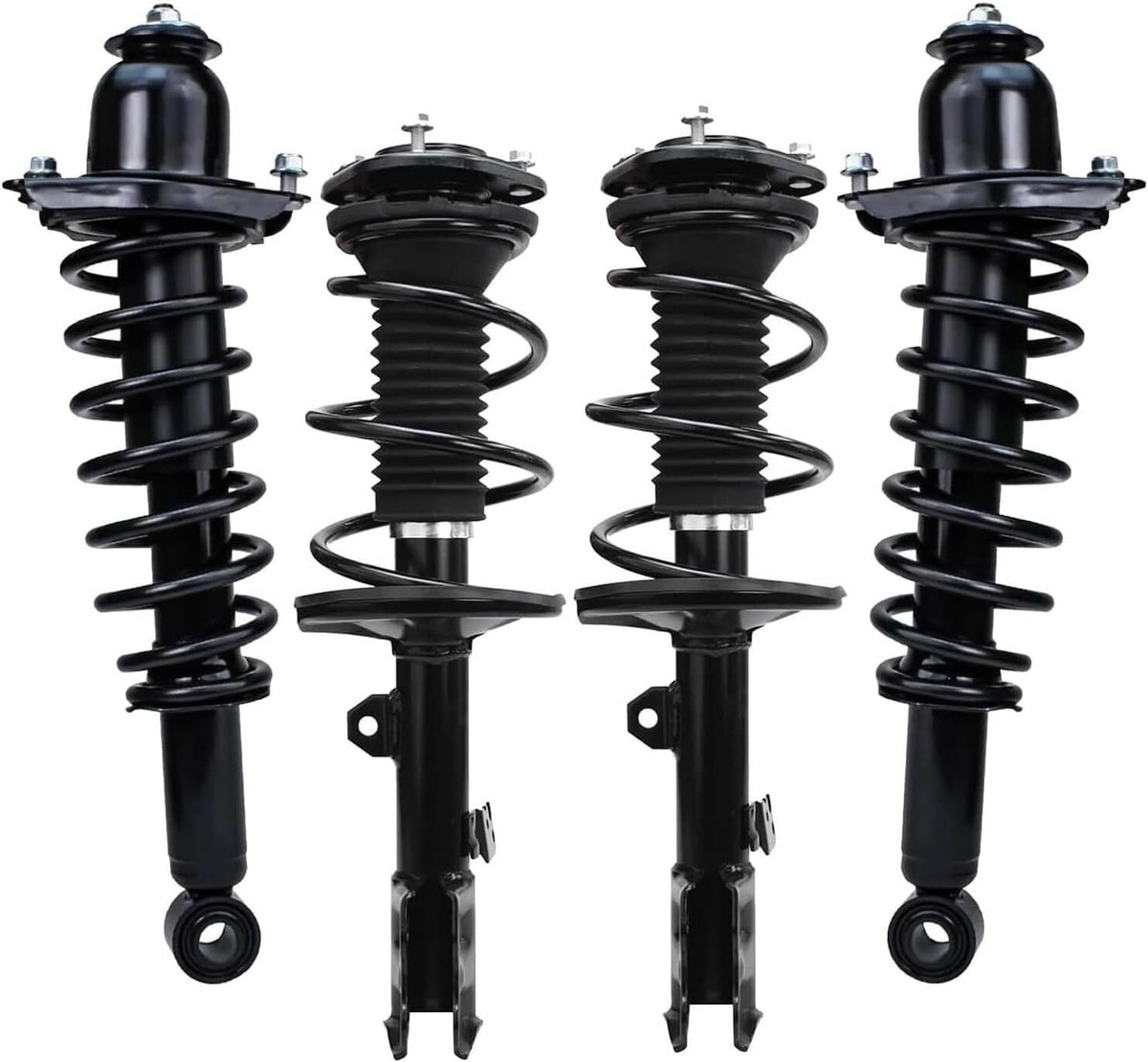Four-piece strut assembly set with black coil springs and top mounting caps