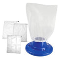 Blue pool leaf vacuum head with white collection bag