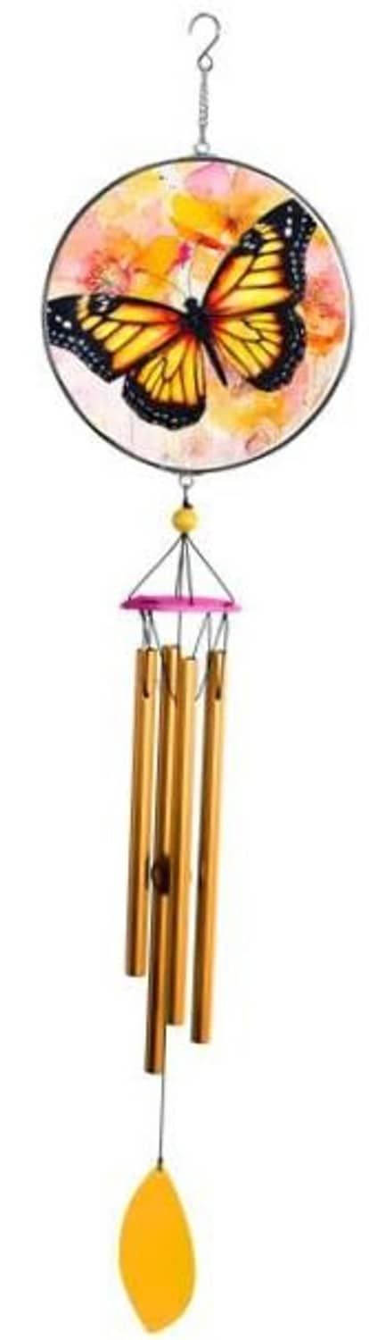 Butterfly wind chime with round sun catcher disc, gold tubes, and orange teardrop