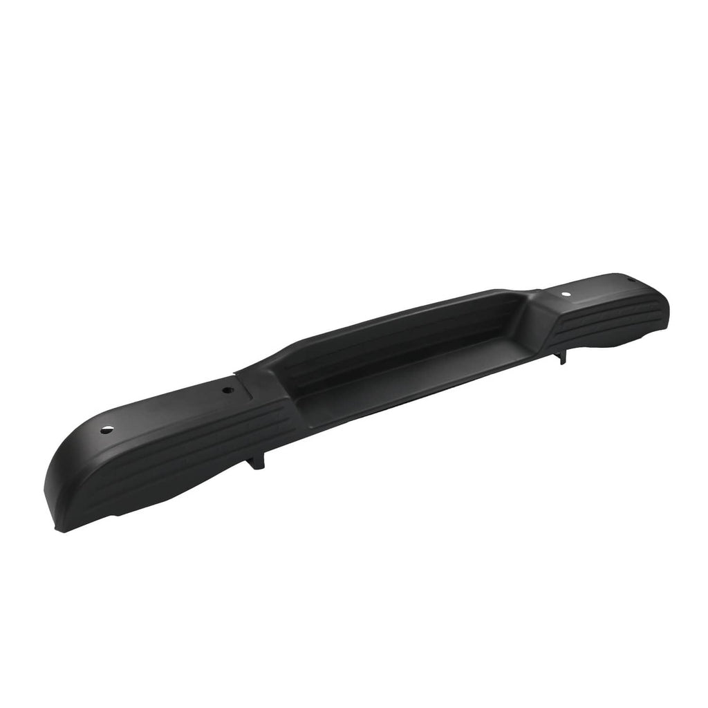 Black rear step bumper center beam with textured step surface and mounting tabs