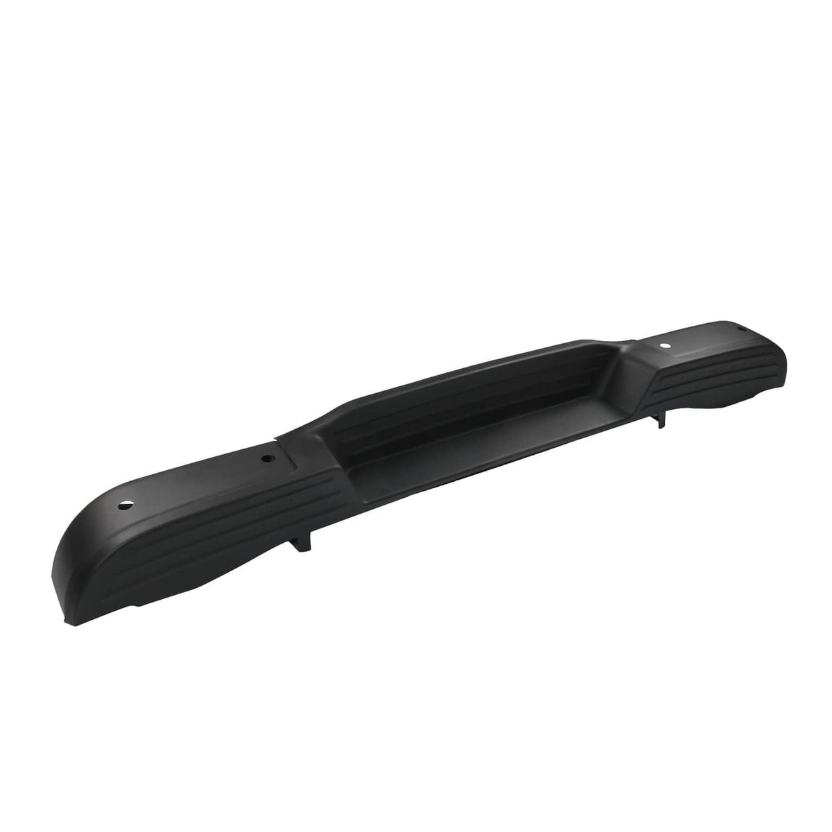Black rear step bumper center beam with textured step surface and mounting tabs
