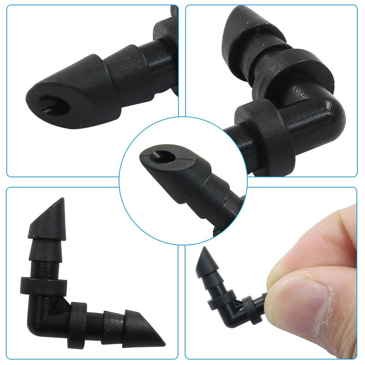 Black 1/4 in barbed drip elbow coupling fitting, close-up of nozzle and barbs