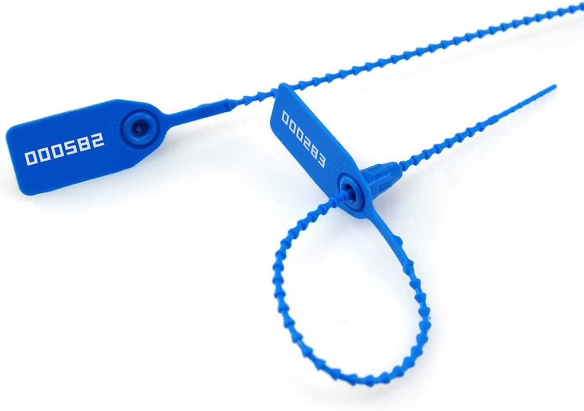 Blue plastic tamper seal zip tie set with looped security strand and numbered tag detail.