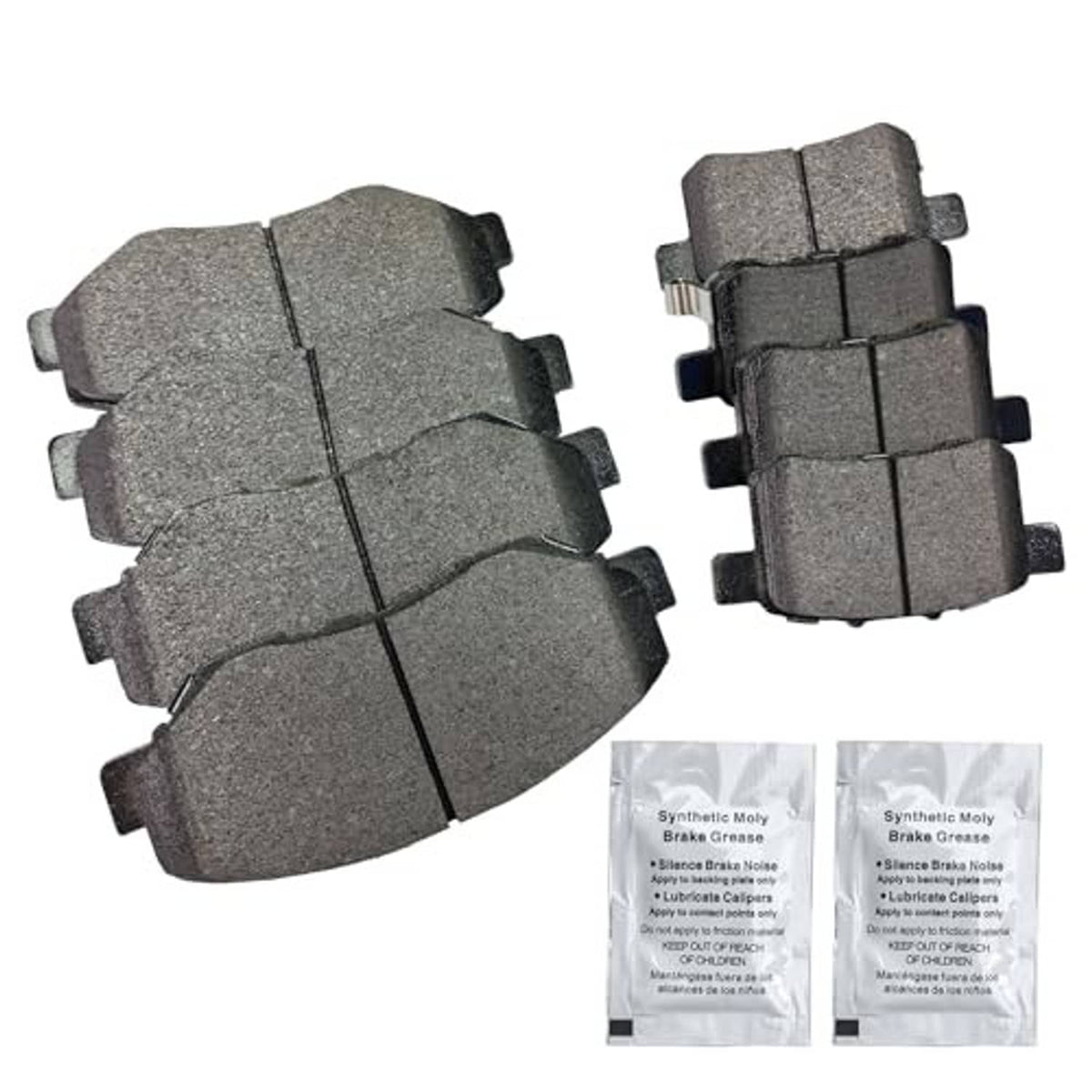 Ceramic brake pads set with gray pads and included lubricant packets