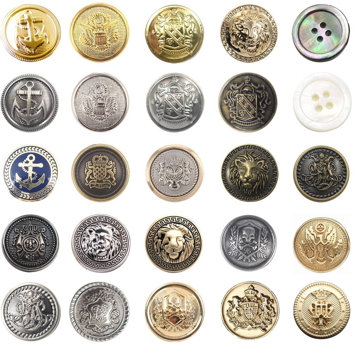 Coin-like discs with button backs; black and white buttons visible