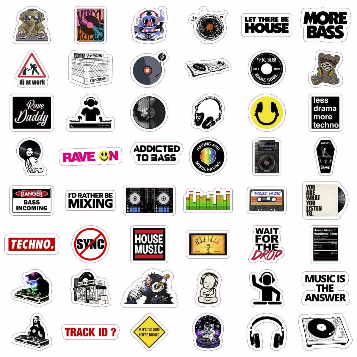 DJ sticker sheets with house-music icons, 'More Bass', and warning sign graphics