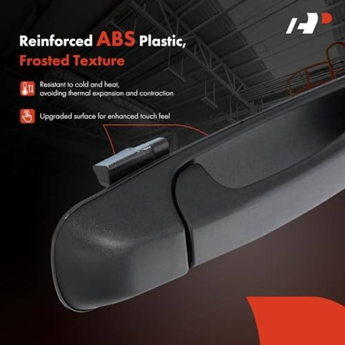 Curved textured black door handle with frosted-like finish