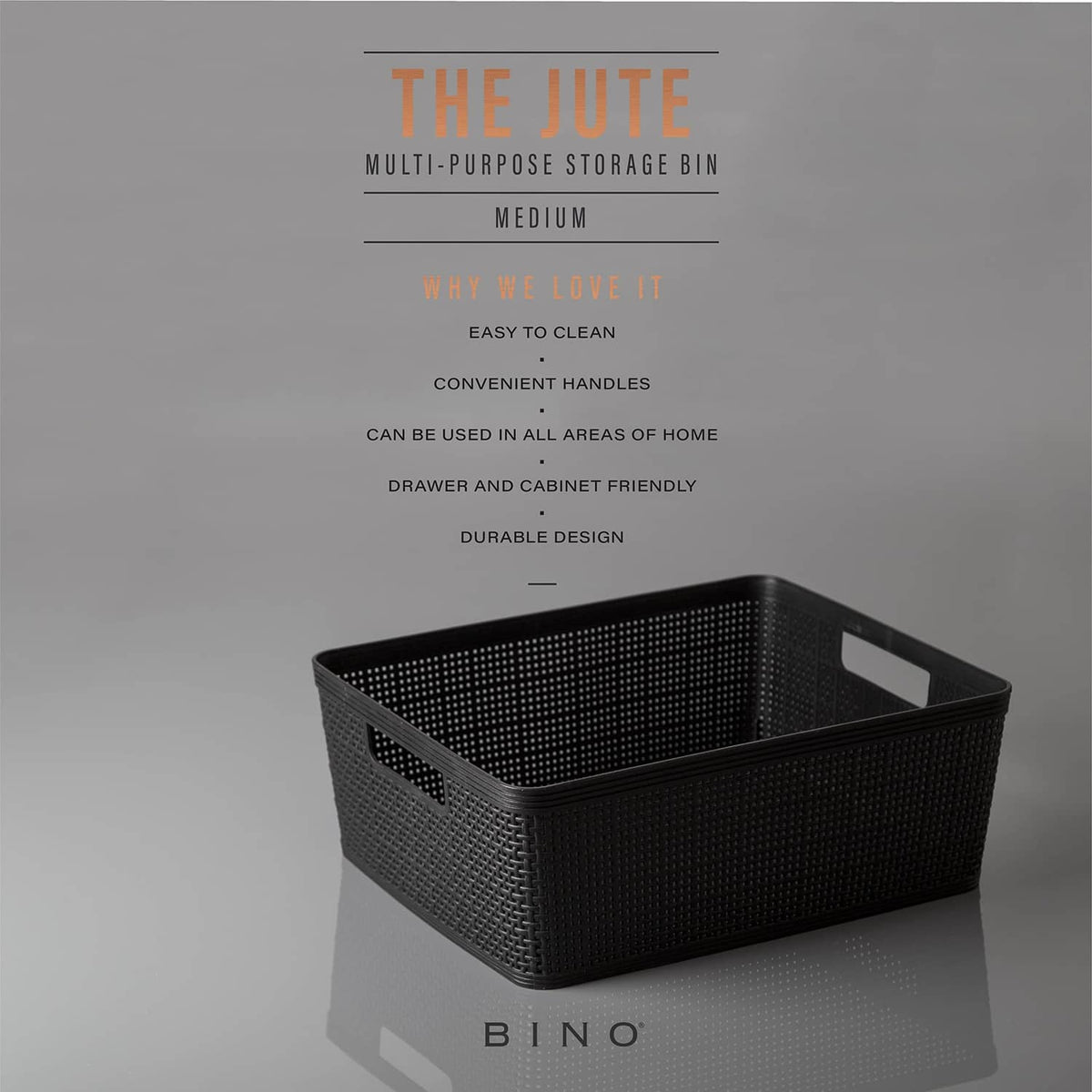 Medium black woven plastic storage bin with cutout handles