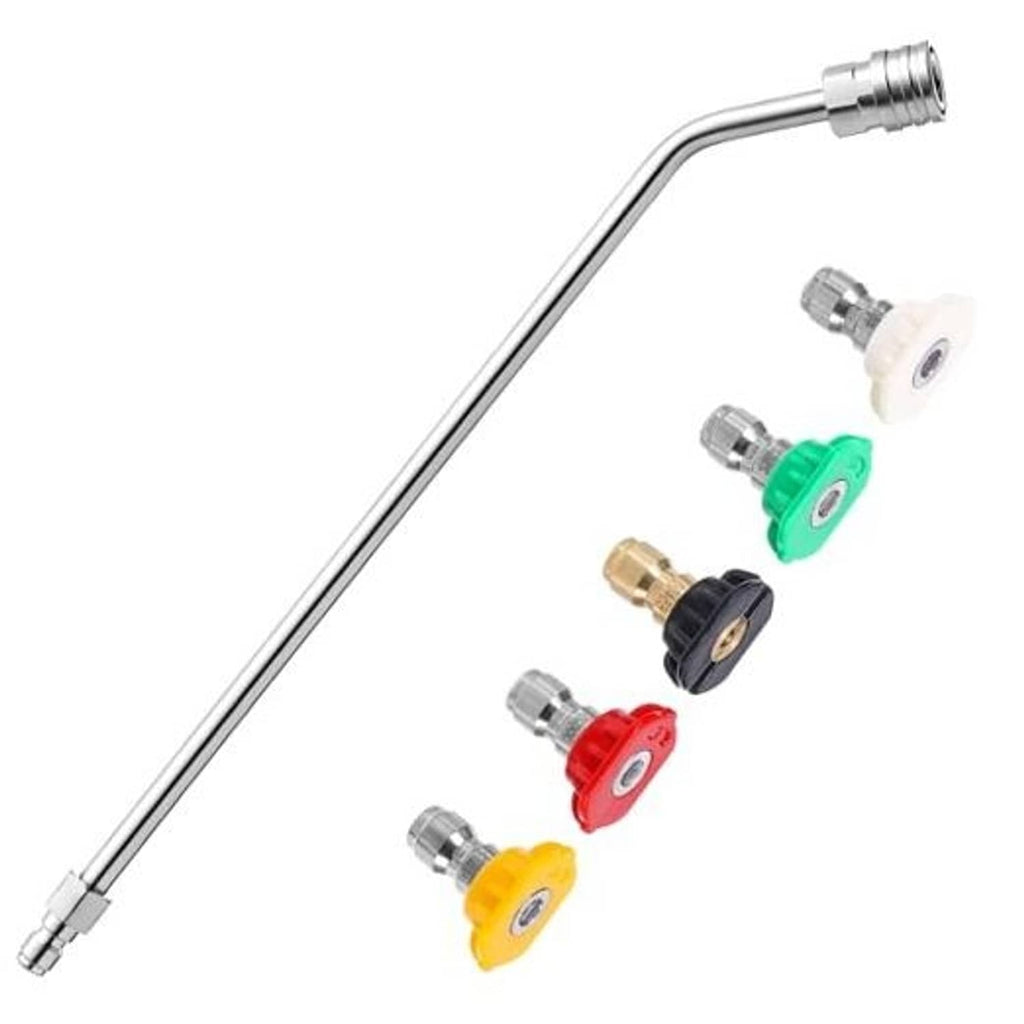 45-degree curved pressure washer wand with quick-connect couplers and nozzles