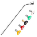 45-degree curved pressure washer wand with quick-connect couplers and nozzles