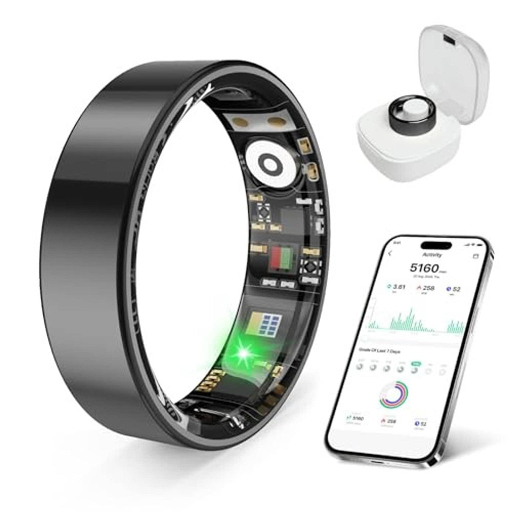 Black smart health ring with glowing display window, charging case and health app