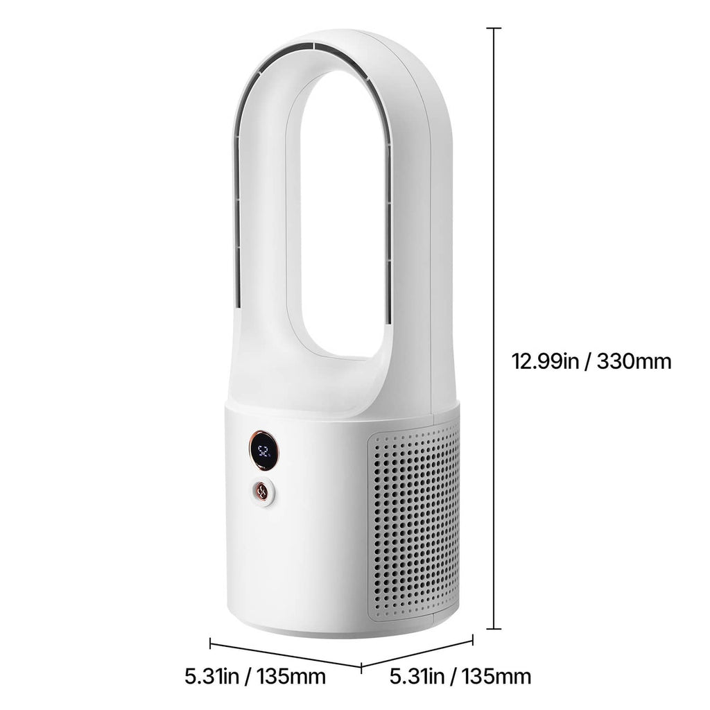 White bladeless desk fan side view with control buttons and perforated air outlet grille.