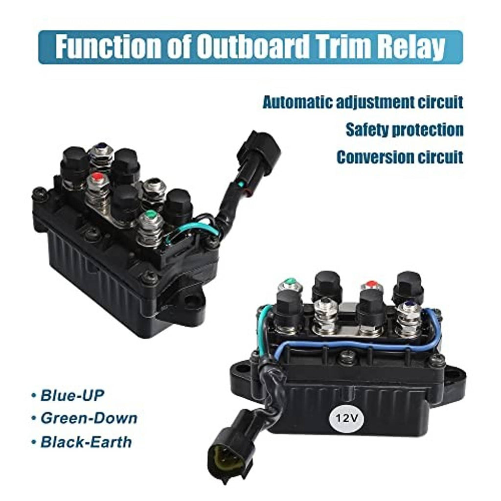 Outboard trim relay with black case, silver screws, and 3-pin connector plug