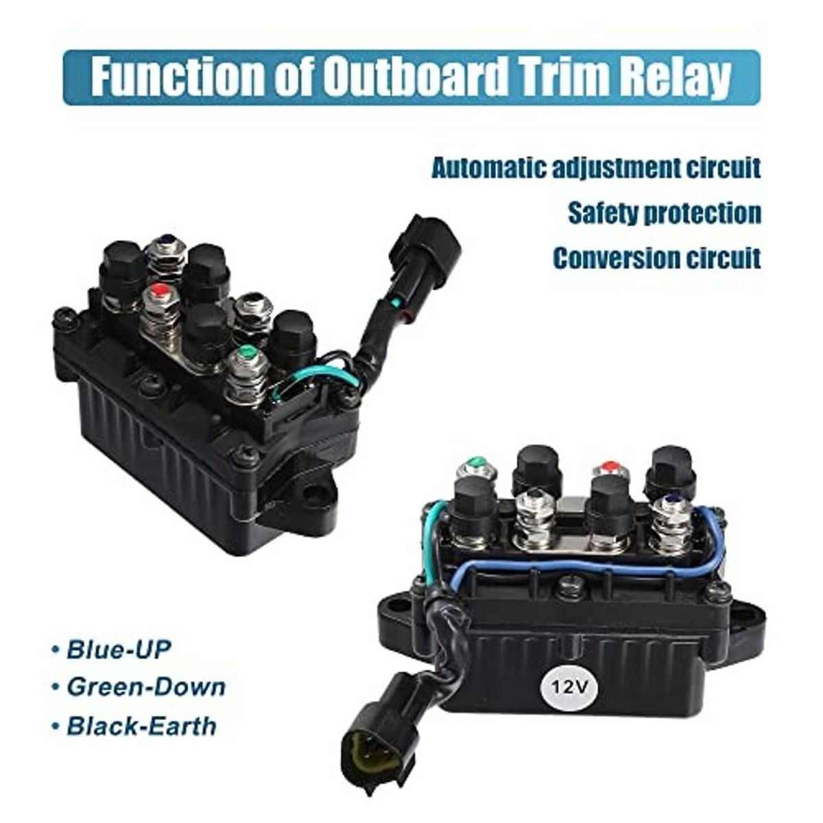 Outboard trim relay with black case, silver screws, and 3-pin connector plug