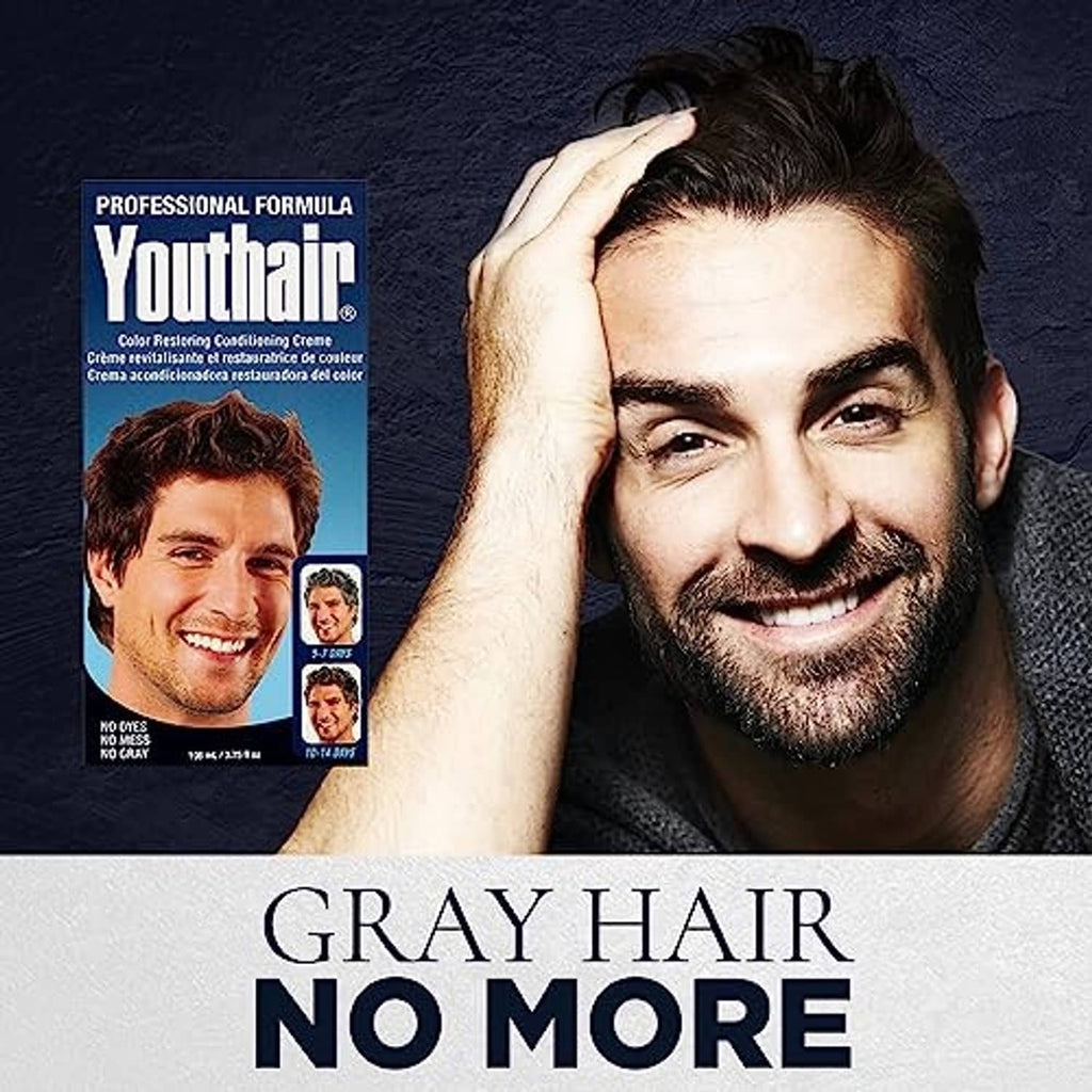 Youthair gray hair no more promotional panel with model portrait and creme package