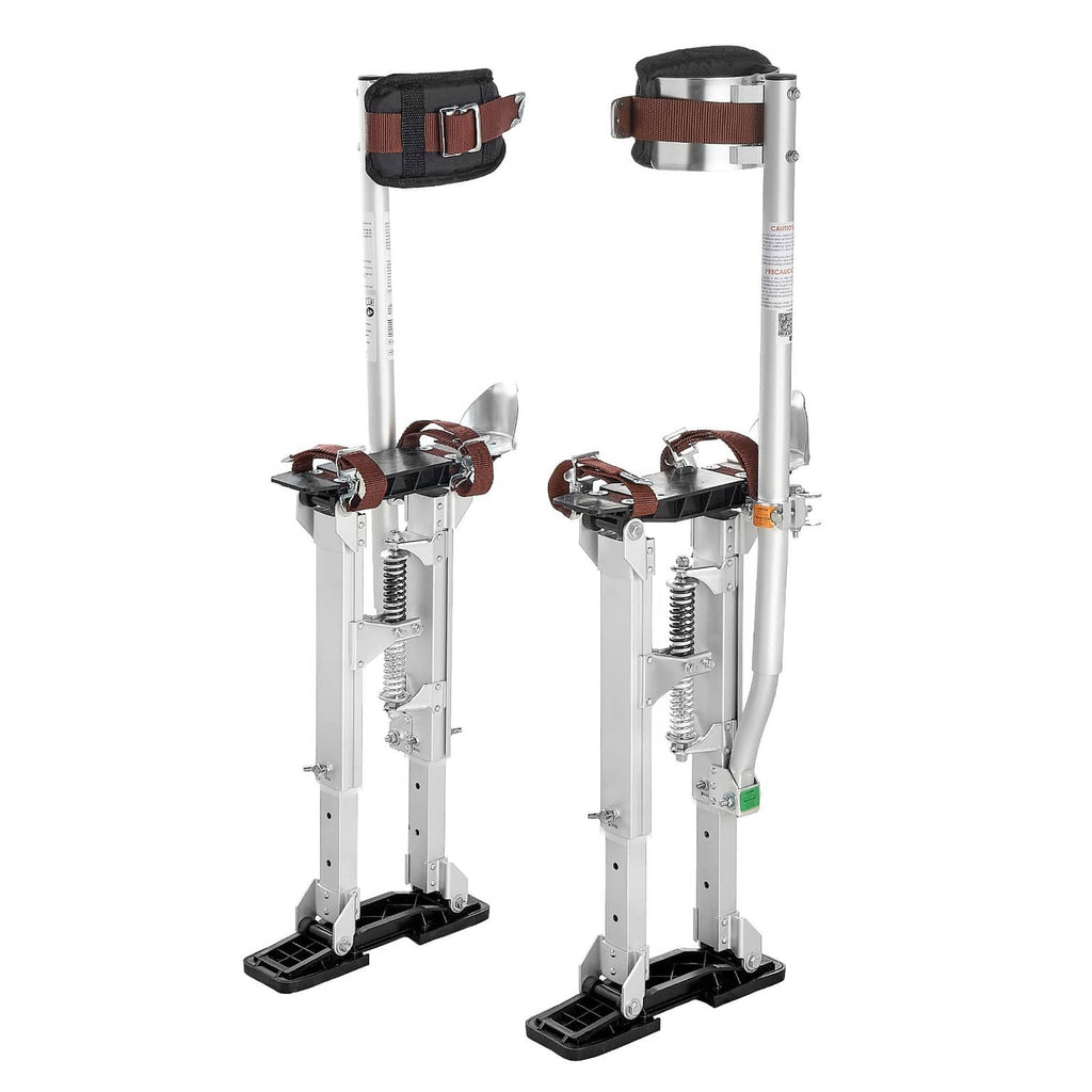 Adjustable aluminum drywall stilts, ankle straps on two spring-loaded leg stands.