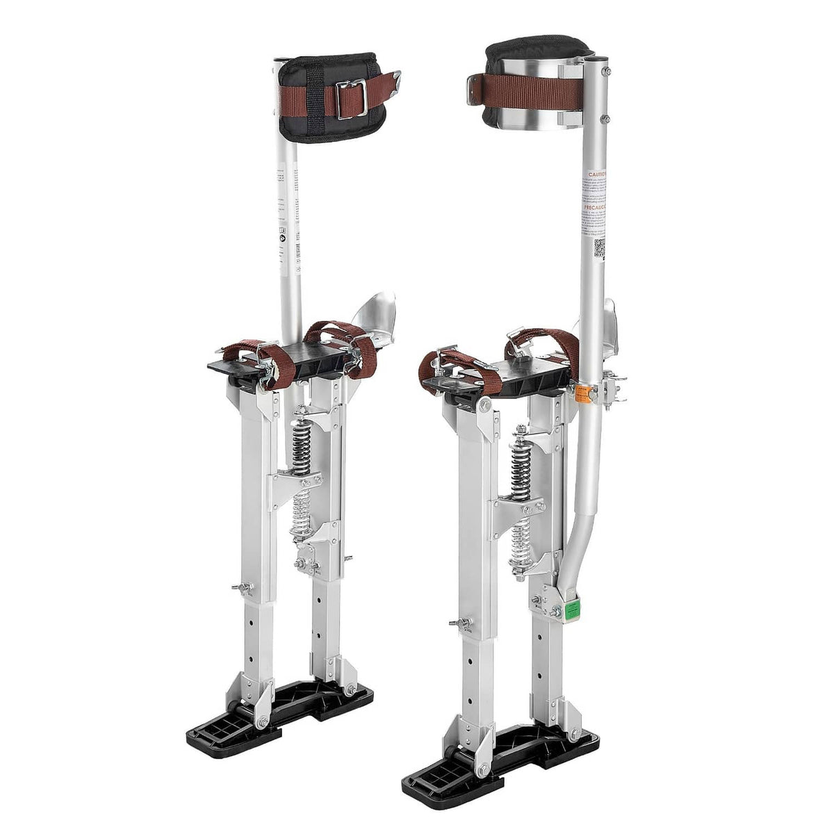 Adjustable aluminum drywall stilts, ankle straps on two spring-loaded leg stands.