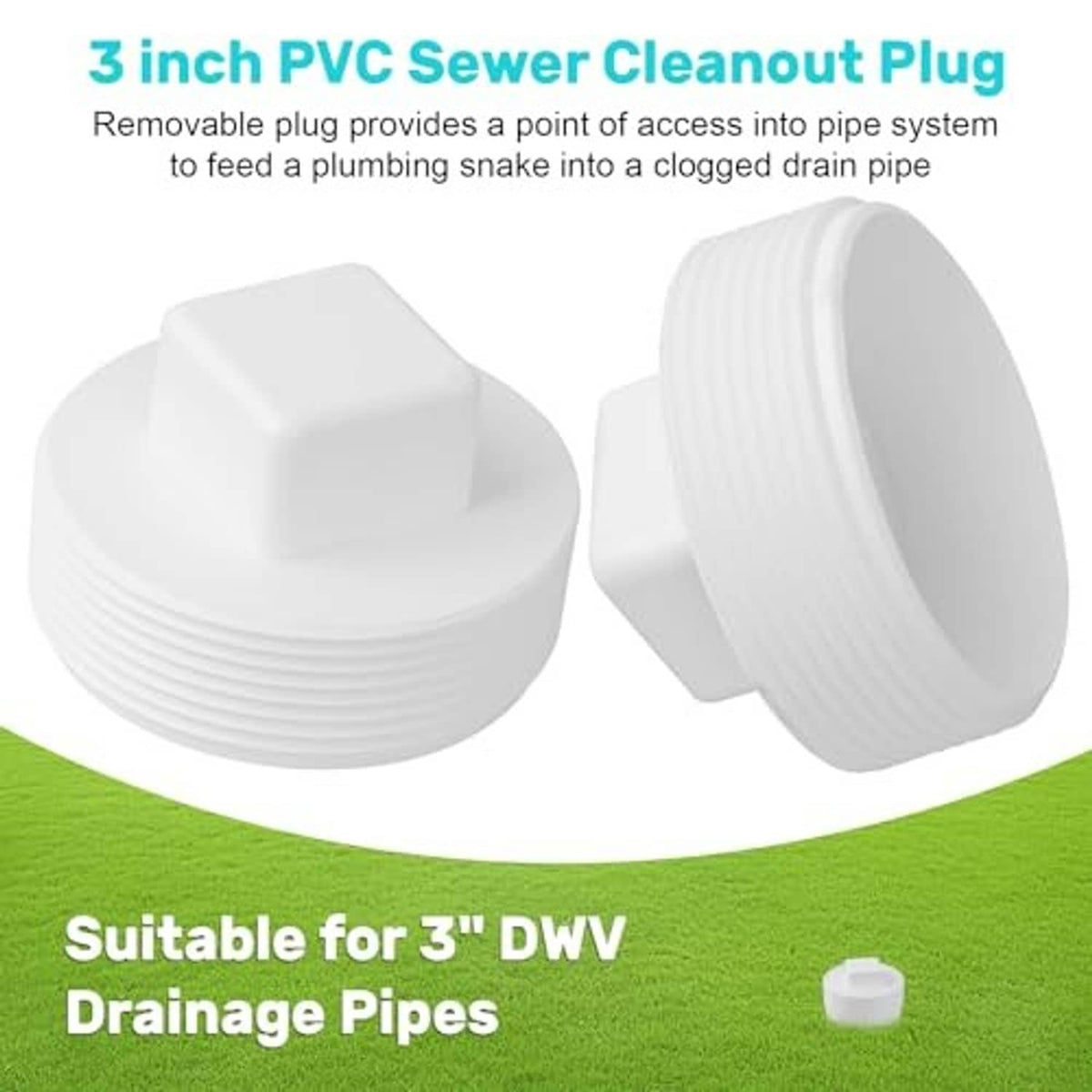 White PVC sewer cleanout plug with removable piece and threaded outer ring
