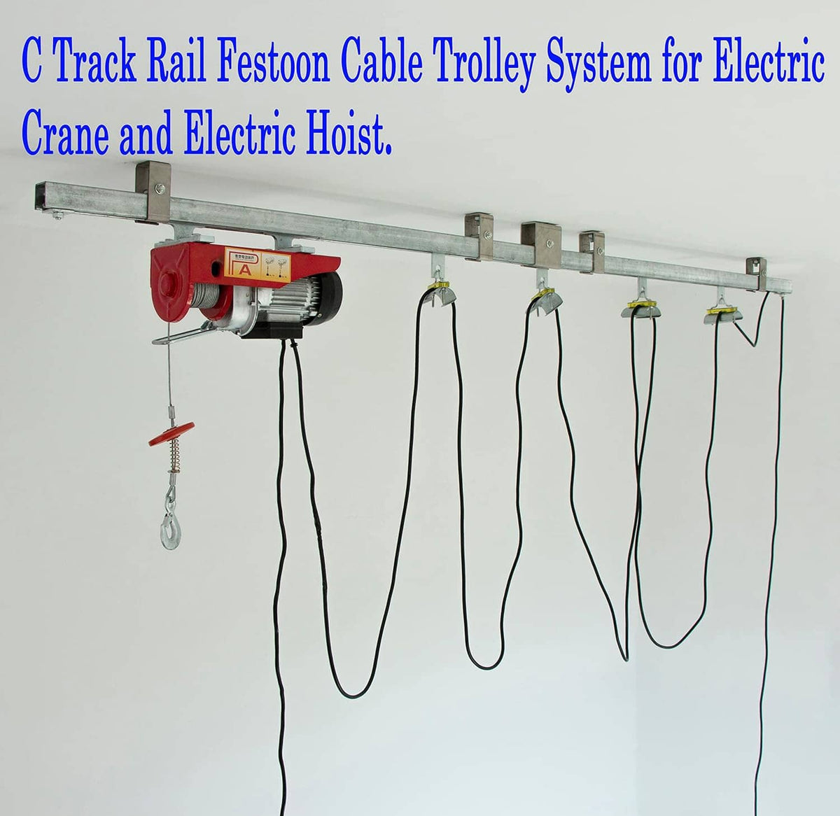 C-track cable trolley system with multiple hanging wheels and festoon cable loops
