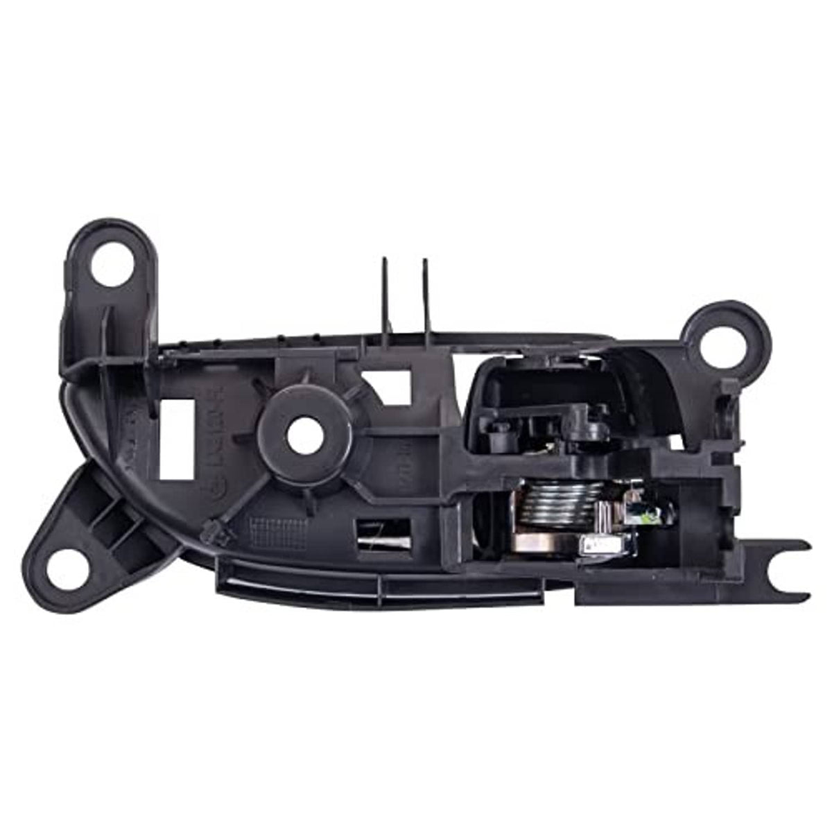 Interior door handle mechanism with black base, actuator hardware, and spring details