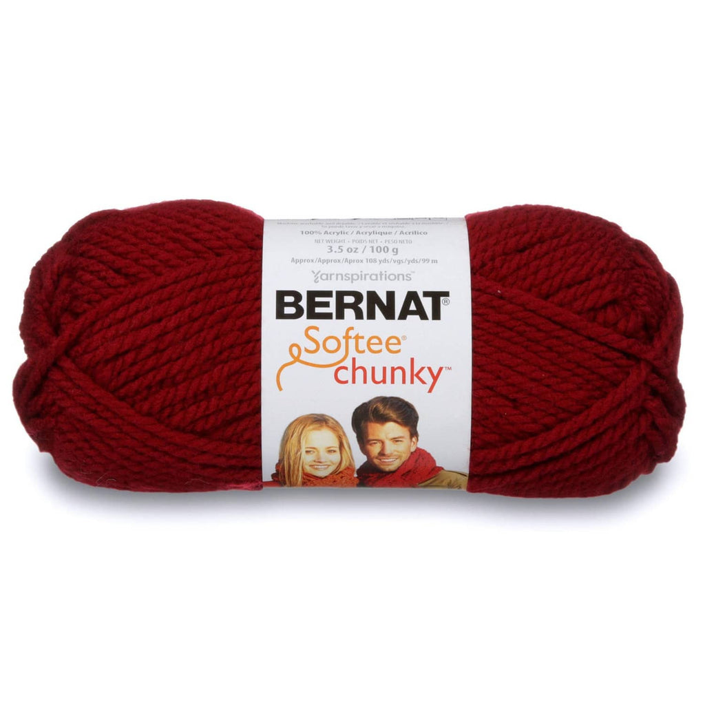 Bernat Softee Chunky acrylic yarn skein, dark red, with label on band