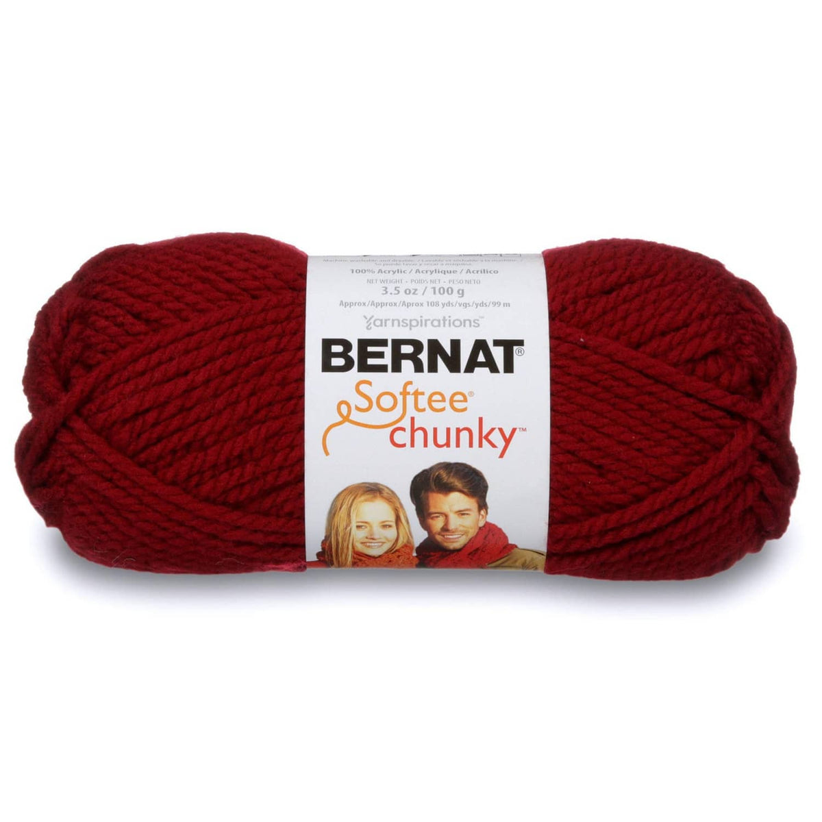 Bernat Softee Chunky acrylic yarn skein, dark red, with label on band