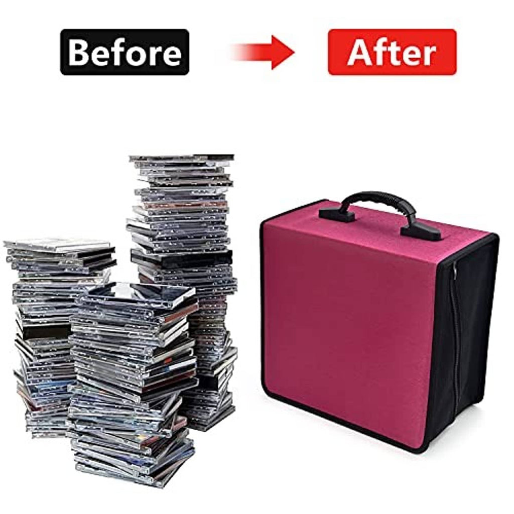 Red CD/DVD storage case next to a stack of CDs to show storage capacity.