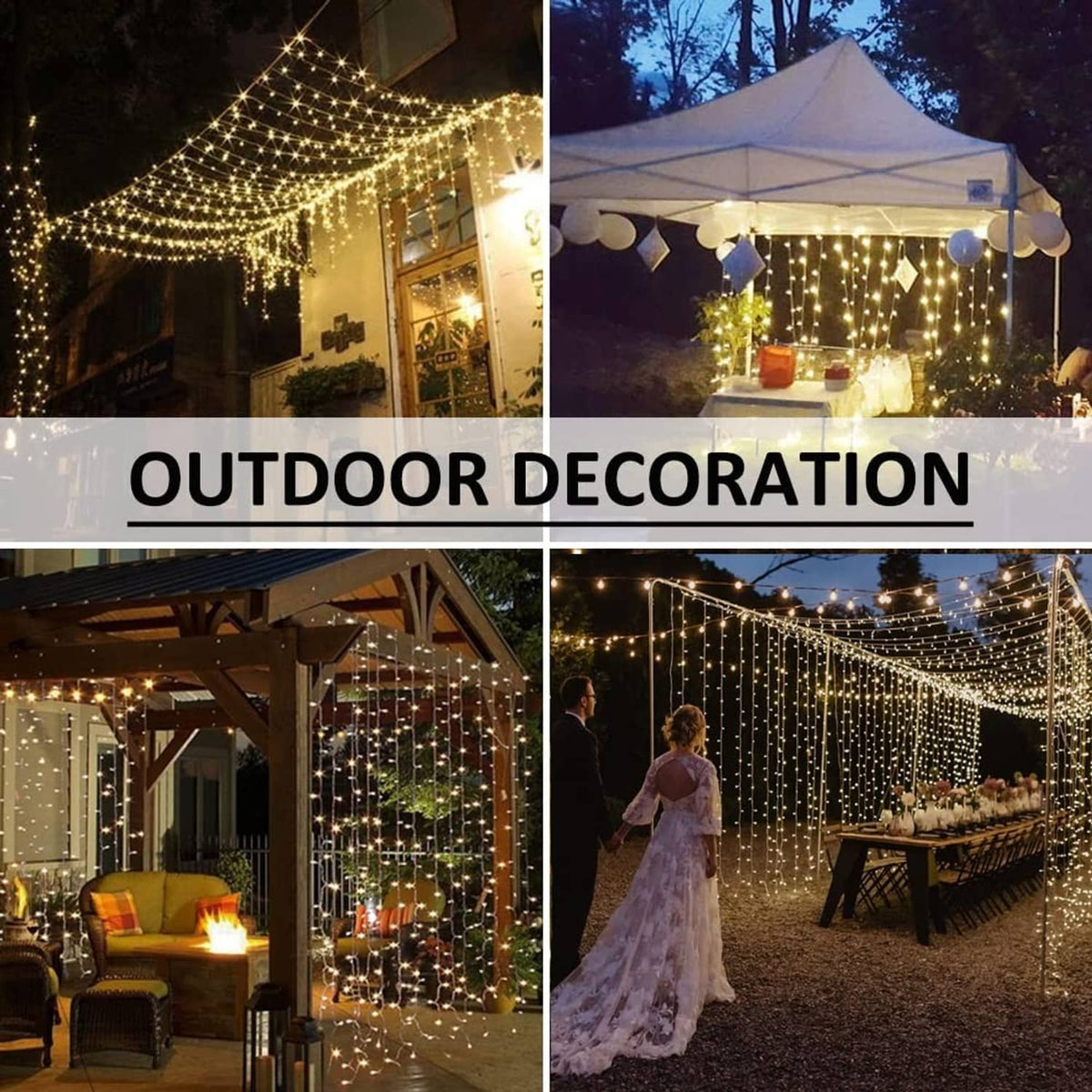 Warm white LED curtain lights for outdoor decoration with hanging vertical strands