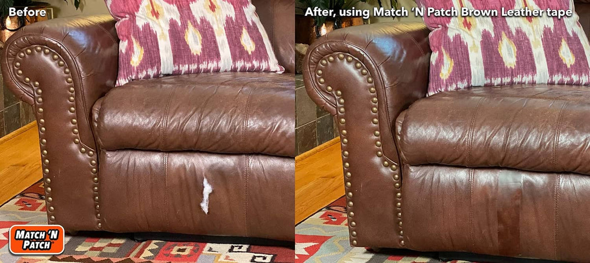 Match 'N Patch realistic leather repair tape on brown sofa armrest, close-up before/after.