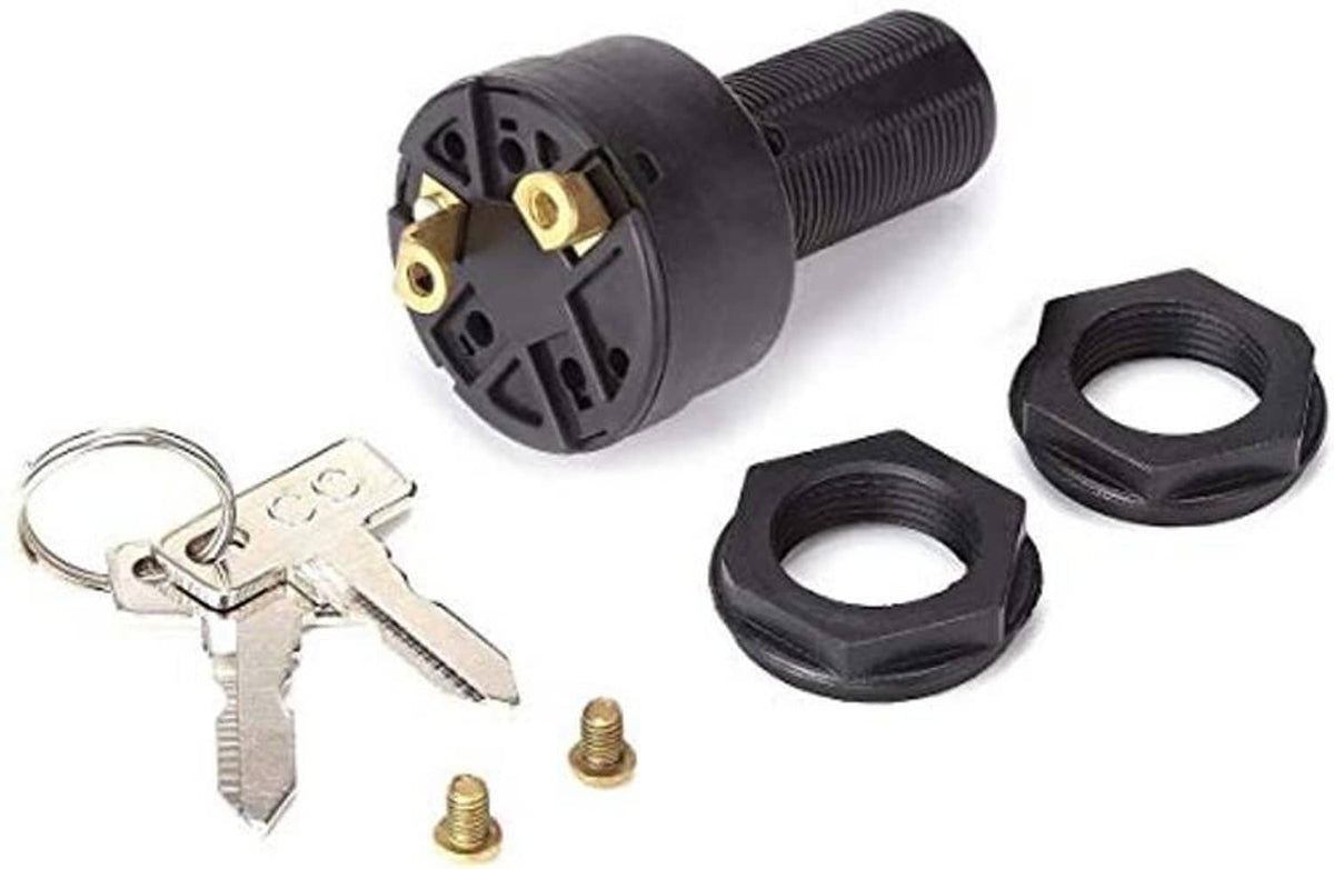 Golf cart ignition key switch with keys and black mounting nuts, front view