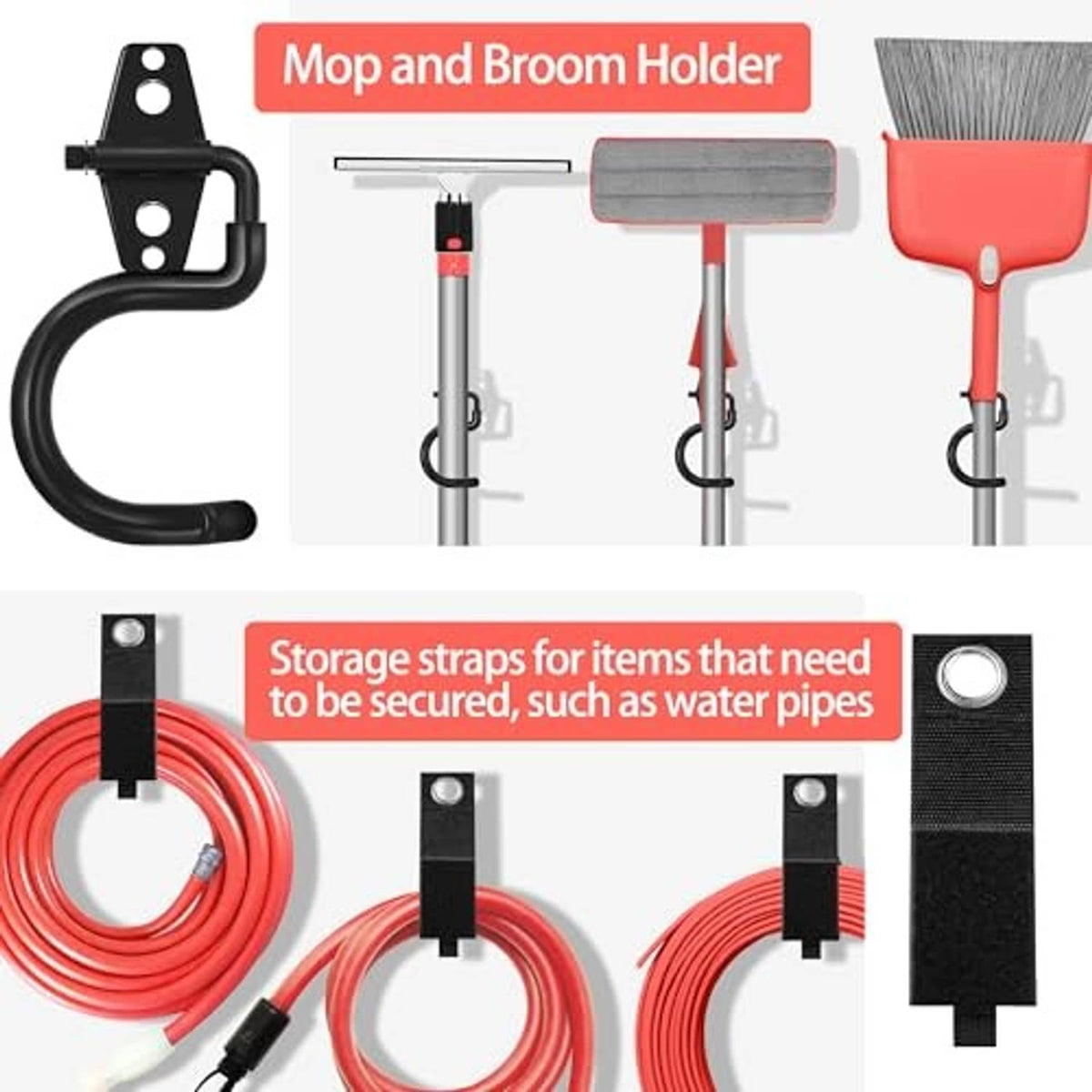 Black garage wall hooks with anti-slip coating for organizing tools and hoses