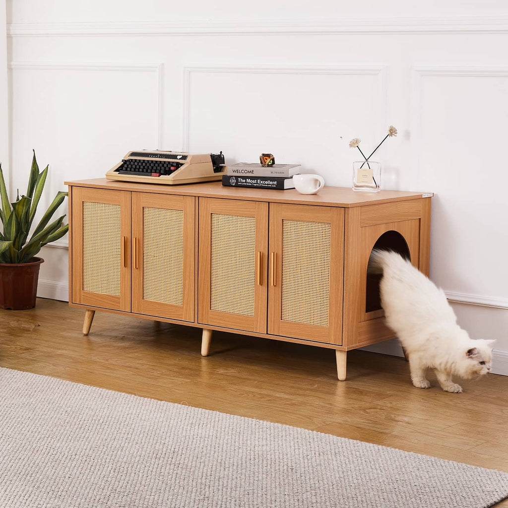 Wooden cat litter box enclosure cabinet with arched front opening and mesh doors
