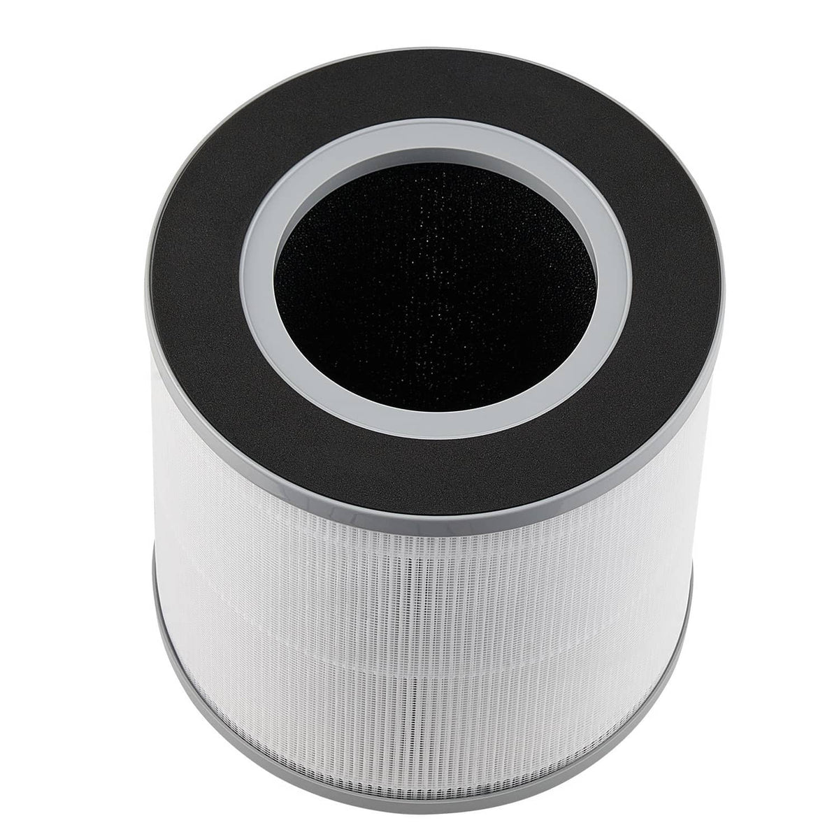 Cylindrical air filter with black top, gray inner ring, and white pleated sides