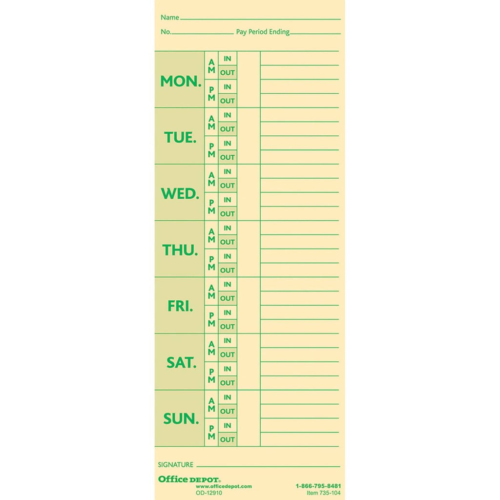 Manila weekly time card with Monday–Sunday IN/OUT columns and signature lines