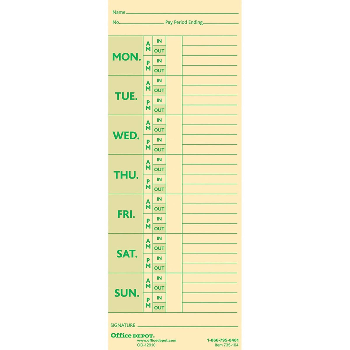 Manila weekly time card with Monday–Sunday IN/OUT columns and signature lines
