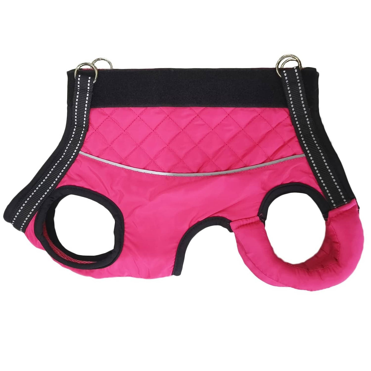 Pink quilted dog lift harness with black side panels and two hanging attachment rings