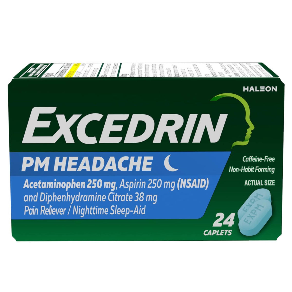 Headache sleep-aid caplets box, dark green, caffeine-free, 24 count, capsule icon
