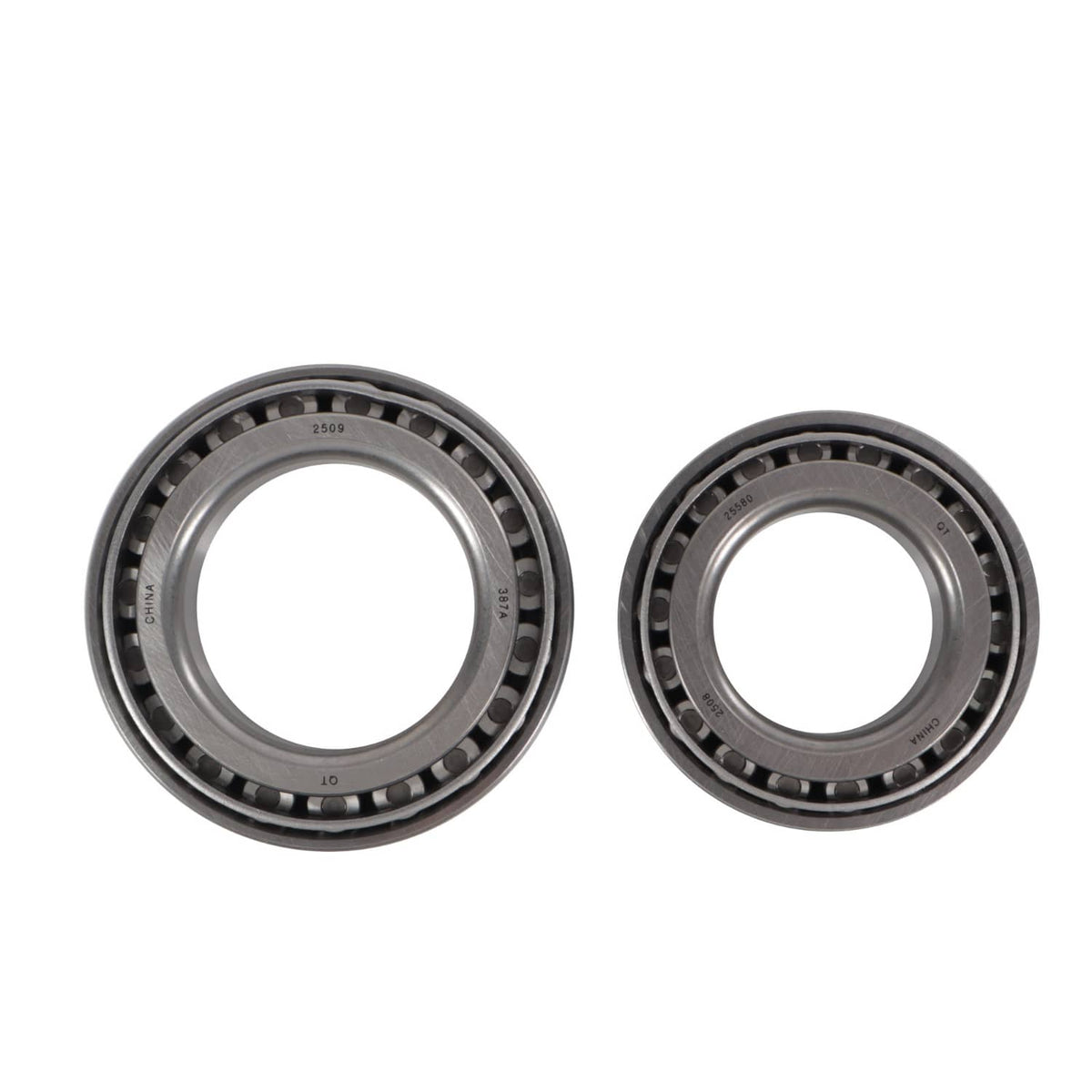 Trailer bearing kit: two tapered roller bearings with black rollers and silver outer races