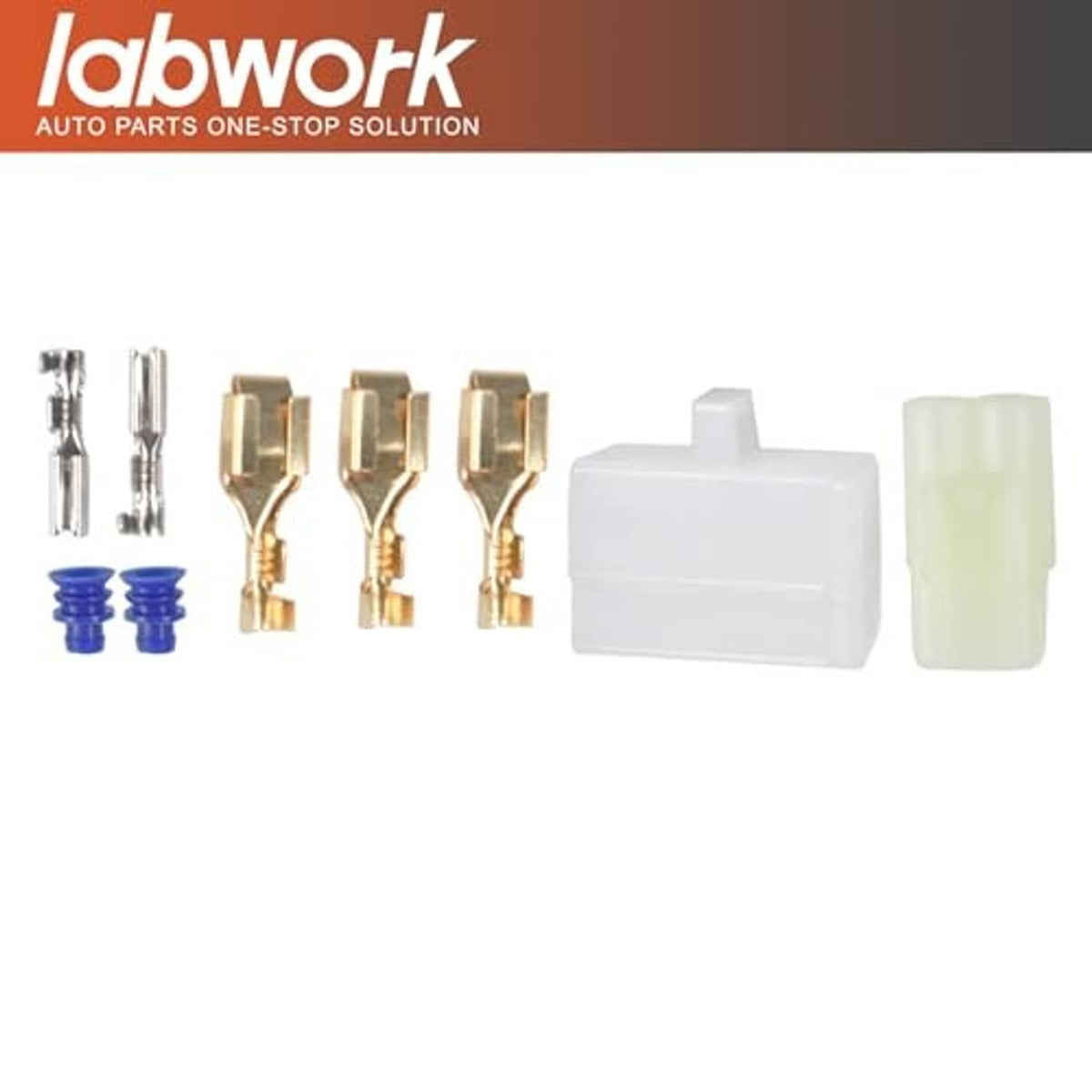 Voltage regulator rectifier installation kit parts: gold terminals, white connector blocks, blue caps